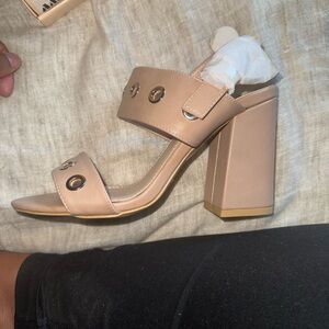 Tan Chunky Block Heel Sandals with Ankle Strap